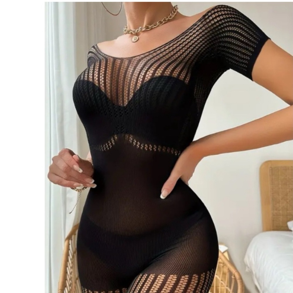 Black Fishnet Mesh One Piece Bodysuit Sheer Lingerie Romper Bodycon